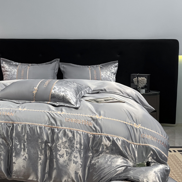 91家纺网 家纺一手货源 找家纺 （总）金牛座家纺 2026新款亮丝细斜纹贡缎提花重工刺绣四件套床盖四件套-醉蝶