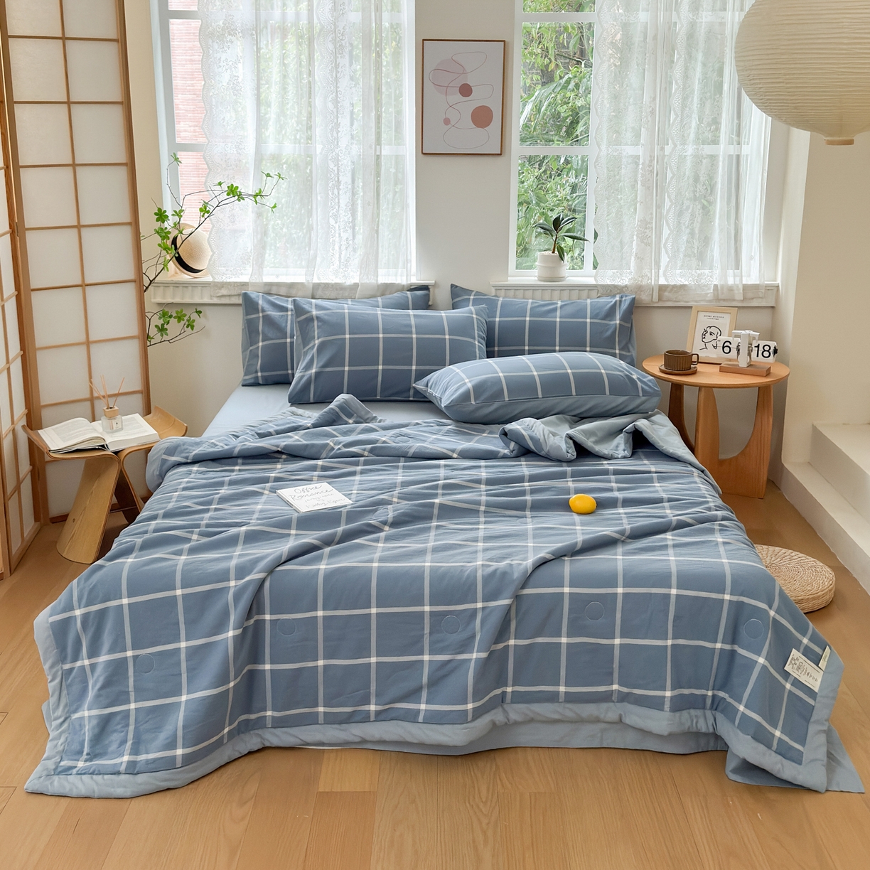 91家纺网 家纺一手货源 找家纺 雯雨家纺 2026新款A类全棉色织里外全棉夏被 海蓝大格