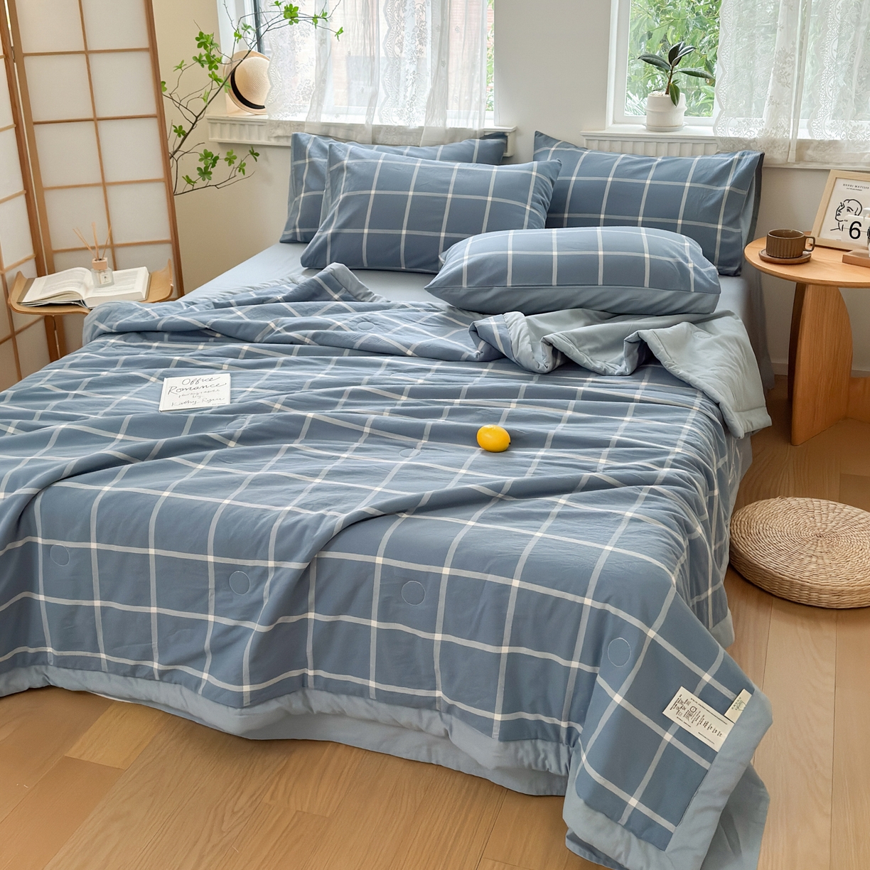 91家纺网 家纺一手货源 找家纺 雯雨家纺 2026新款A类全棉色织里外全棉夏被 海蓝大格