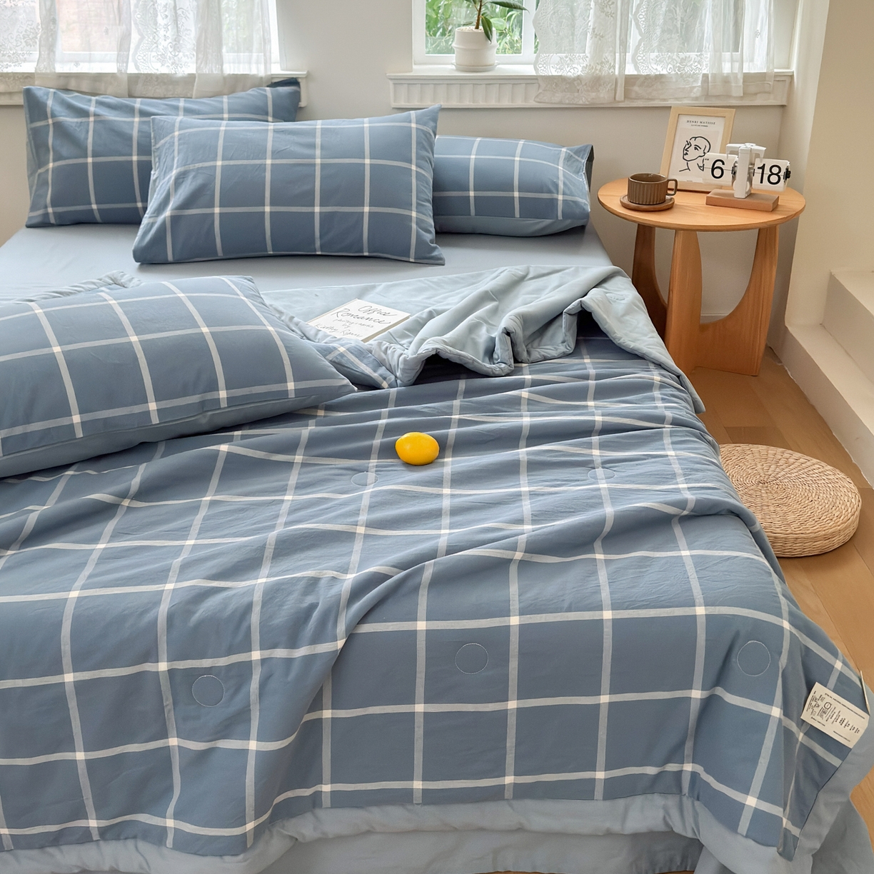 91家纺网 家纺一手货源 找家纺 雯雨家纺 2026新款A类全棉色织里外全棉夏被 海蓝大格