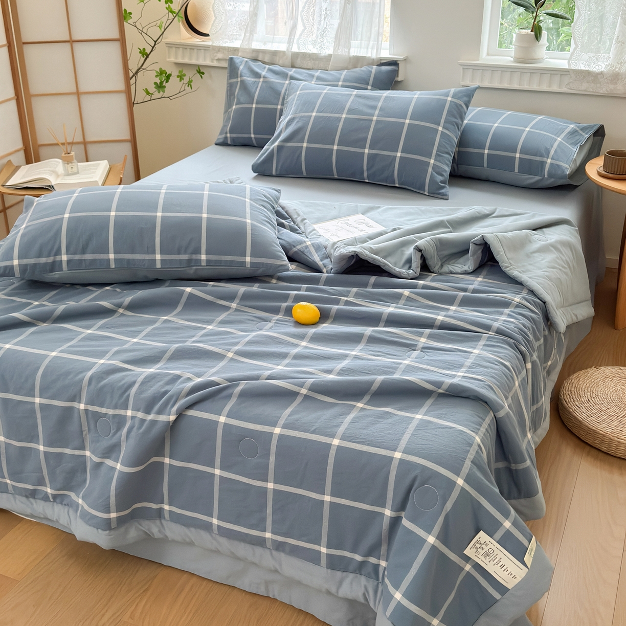 91家纺网 家纺一手货源 找家纺 雯雨家纺 2026新款A类全棉色织里外全棉夏被 海蓝大格