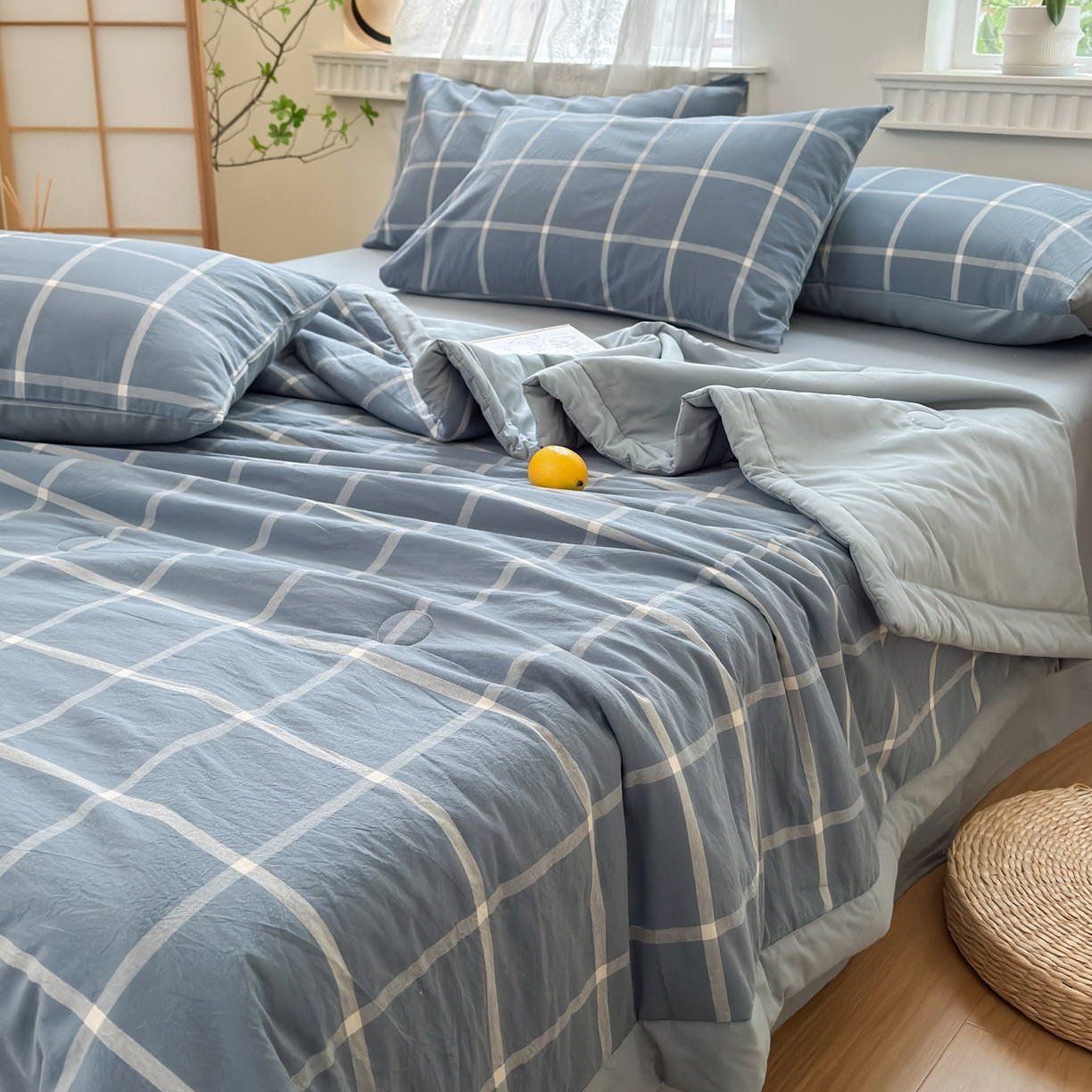 91家纺网 家纺一手货源 找家纺 雯雨家纺 2026新款A类全棉色织里外全棉夏被 海蓝大格