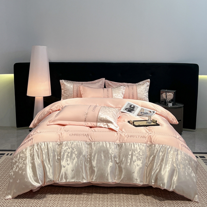 91家纺网 家纺一手货源 找家纺 金牛座家纺 2026新款亮丝细斜纹贡缎提花重工刺绣四件套床盖四件套-醉蝶 醉蝶-浅粉