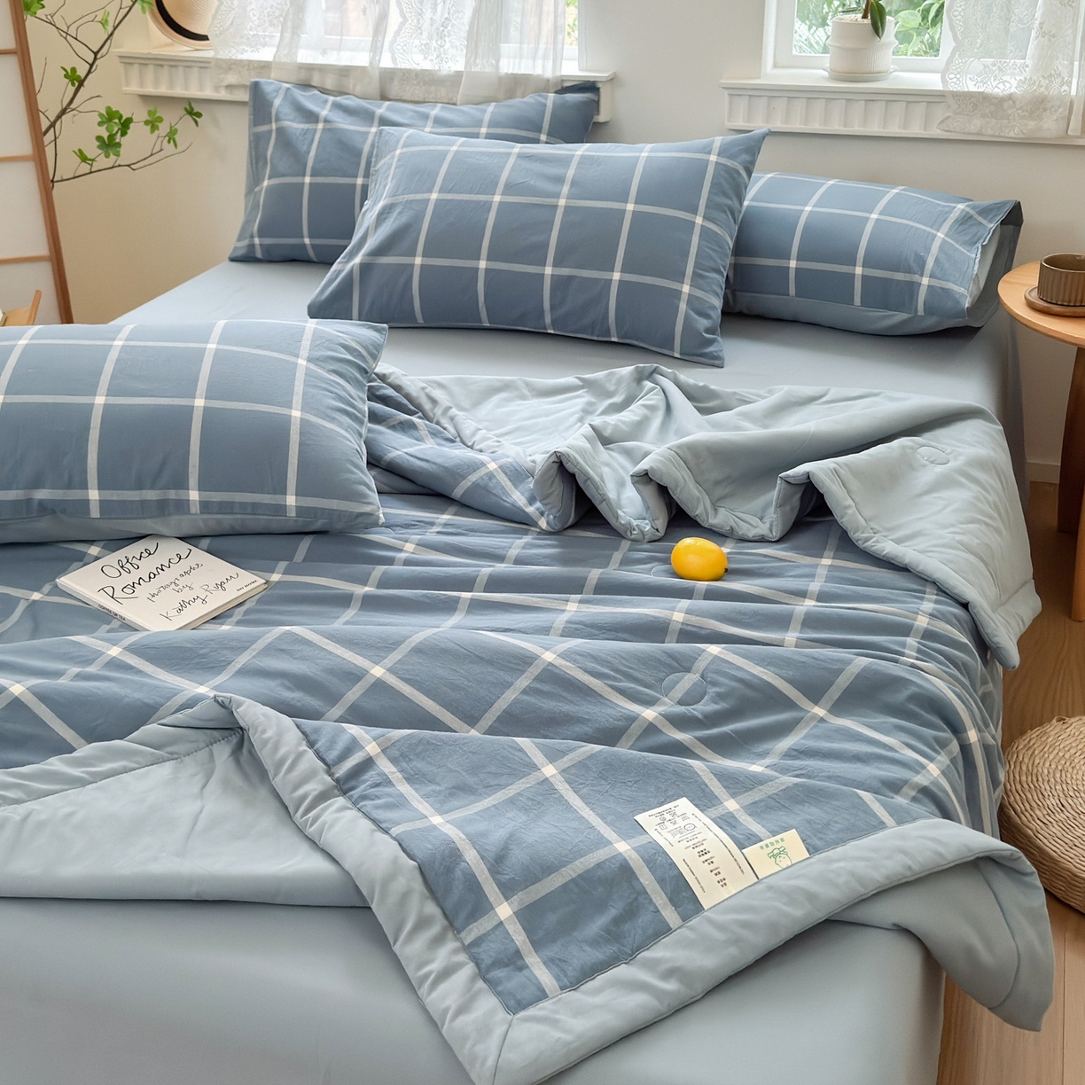 91家纺网 家纺一手货源 找家纺 雯雨家纺 2026新款A类全棉色织里外全棉夏被 海蓝大格