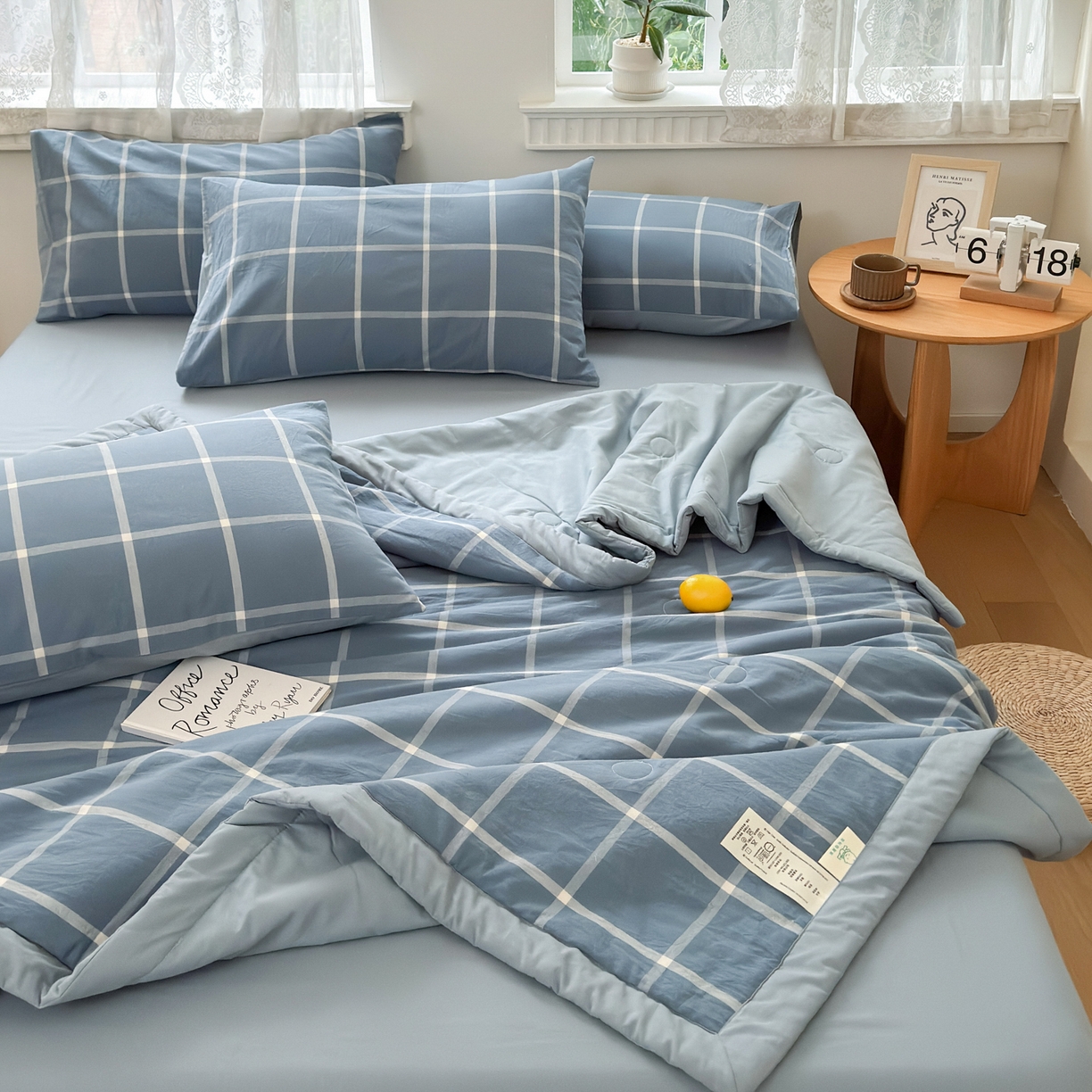 91家纺网 家纺一手货源 找家纺 雯雨家纺 2026新款A类全棉色织里外全棉夏被 海蓝大格