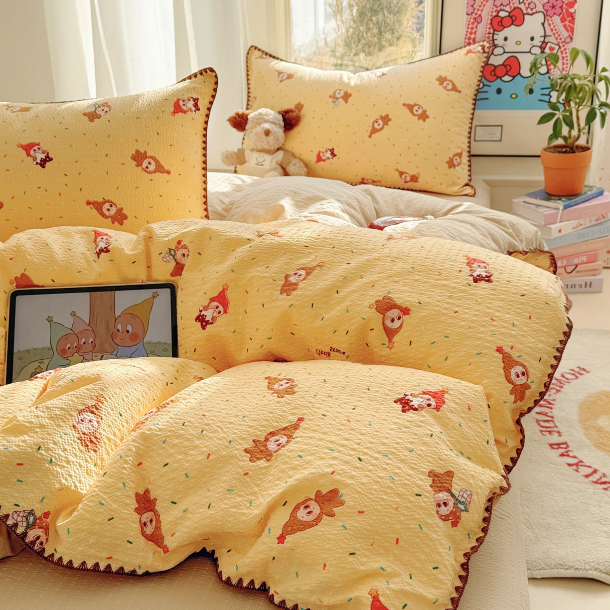 91家纺网 家纺一手货源 找家纺 玉海棠家纺 2026新款高品质A类泡芙纱甜栗贝壳边套件系列-小红书推荐（110g） 甜栗-星星糖豆