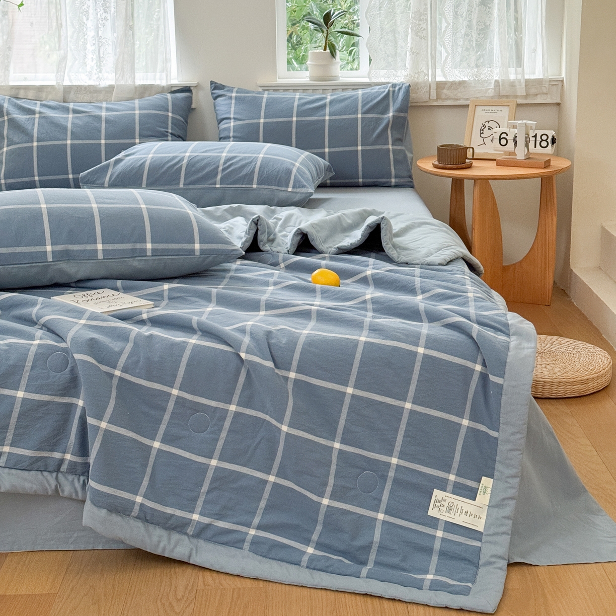 91家纺网 家纺一手货源 找家纺 雯雨家纺 2026新款A类全棉色织里外全棉夏被 海蓝大格