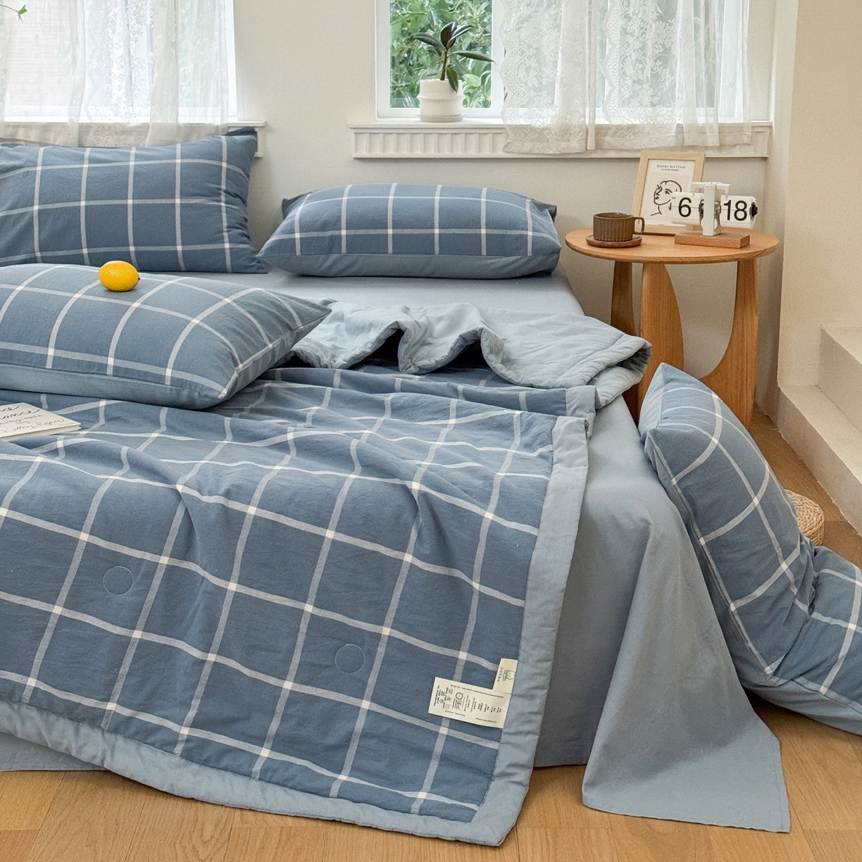91家纺网 家纺一手货源 找家纺 雯雨家纺 2026新款A类全棉色织里外全棉夏被 海蓝大格