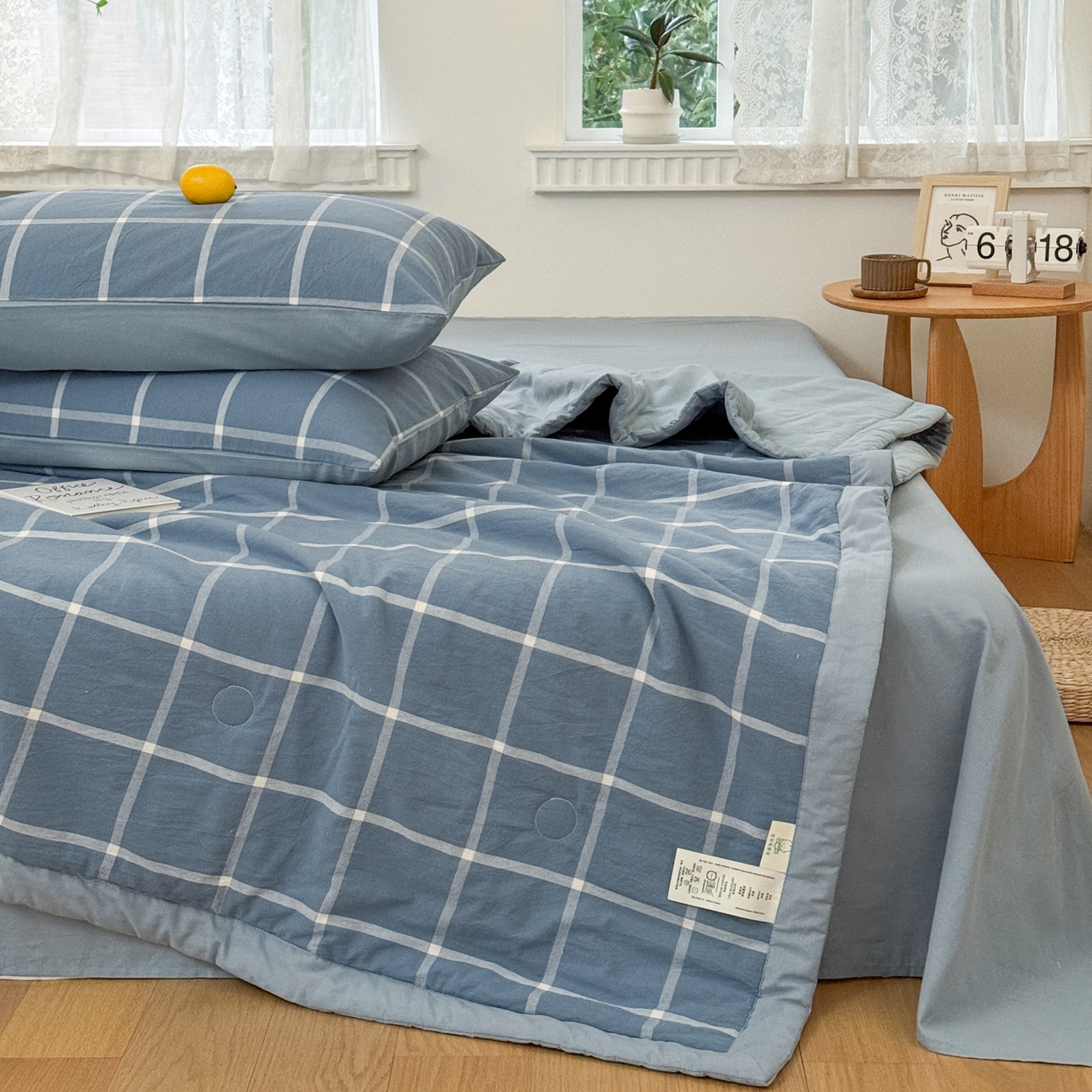 91家纺网 家纺一手货源 找家纺 雯雨家纺 2026新款A类全棉色织里外全棉夏被 海蓝大格