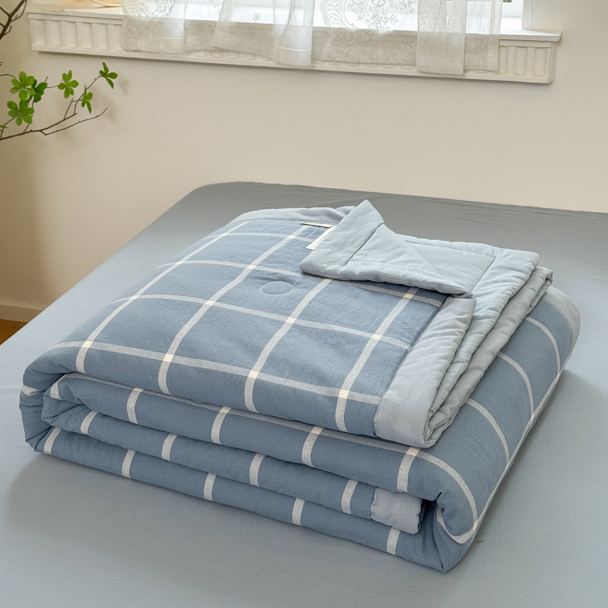 91家纺网 家纺一手货源 找家纺 雯雨家纺 2026新款A类全棉色织里外全棉夏被 海蓝大格