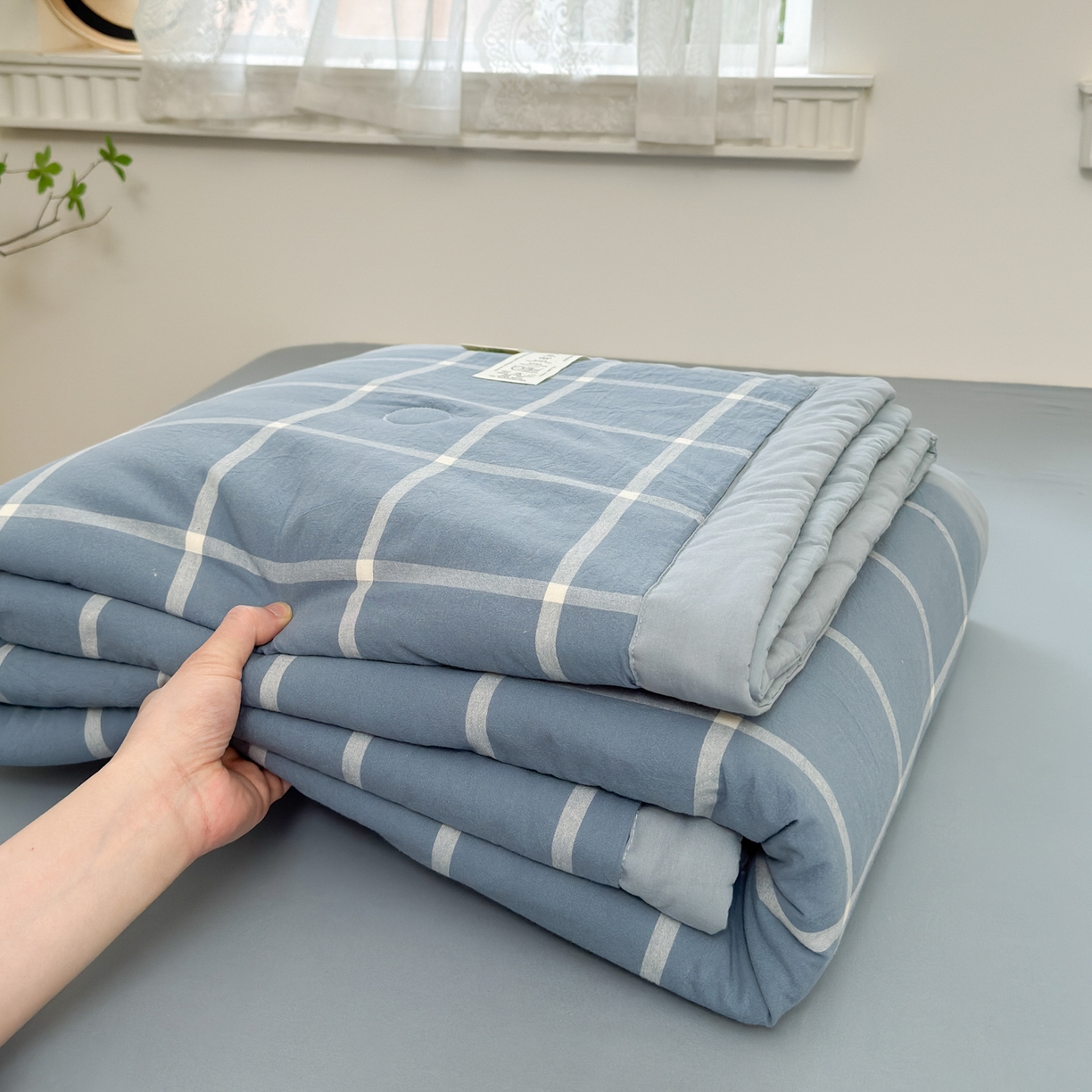 91家纺网 家纺一手货源 找家纺 雯雨家纺 2026新款A类全棉色织里外全棉夏被 海蓝大格