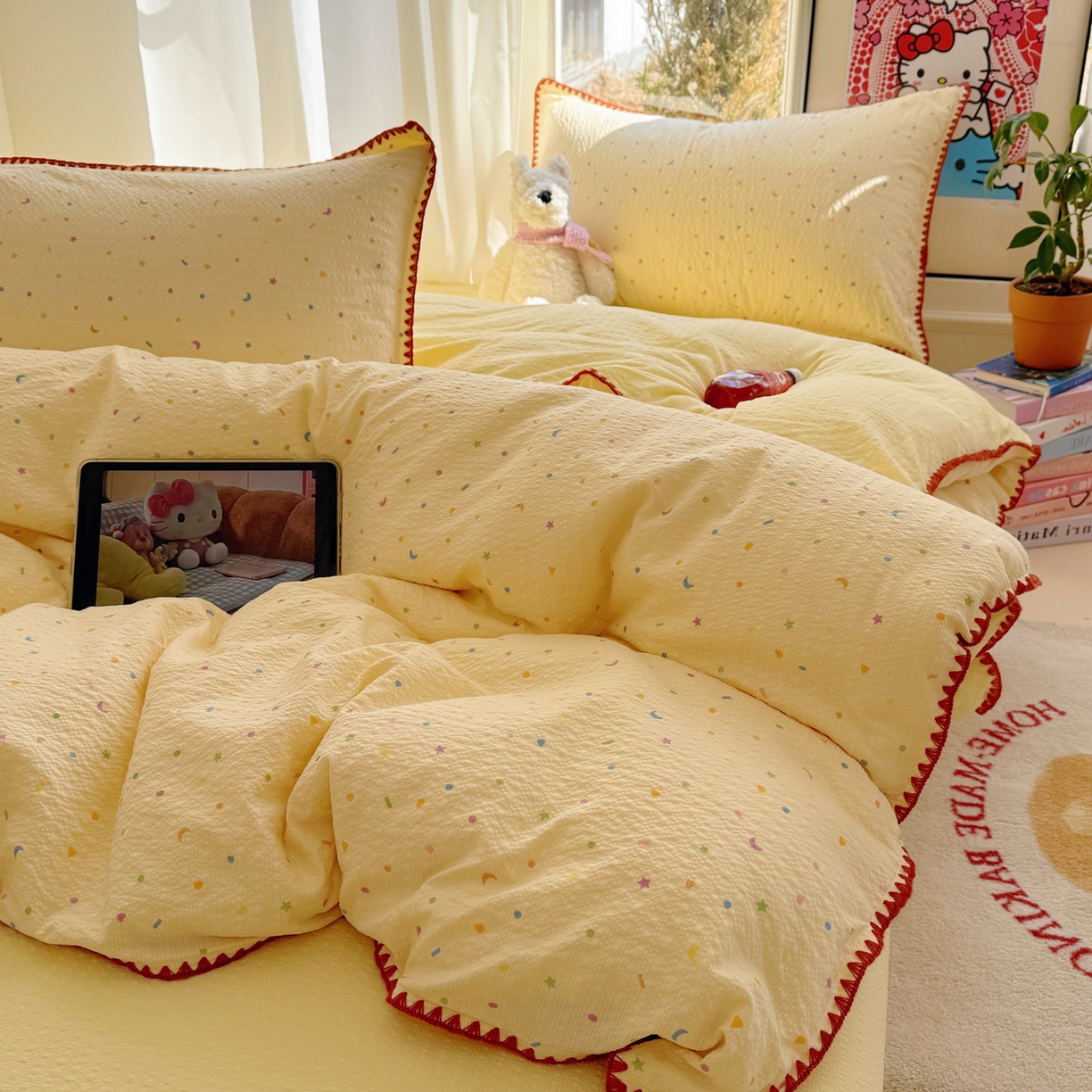 91家纺网 家纺一手货源 找家纺 （总）玉海棠家纺 2026新款高品质A类泡芙纱甜栗贝壳边套件系列-小红书推荐（110g）