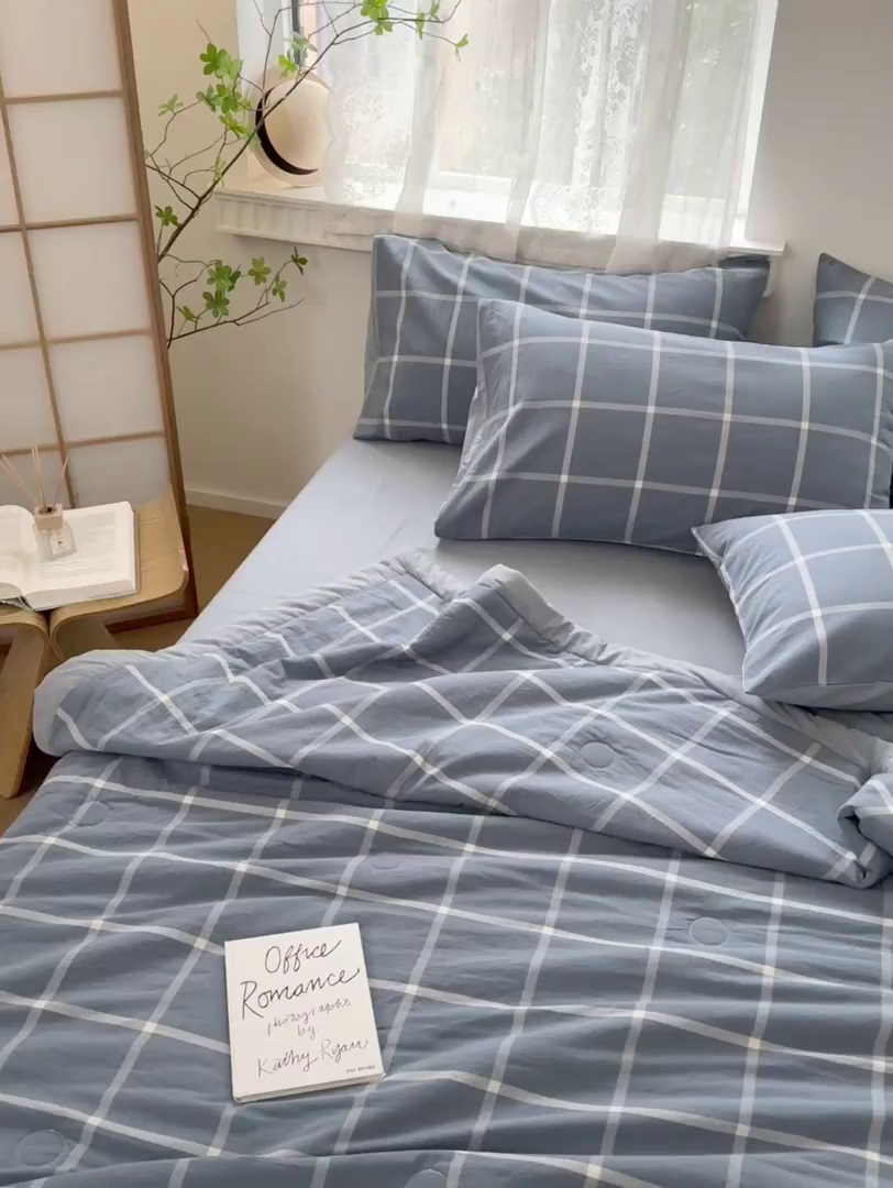 91家纺网 家纺一手货源 找家纺 雯雨家纺 2026新款A类全棉色织里外全棉夏被 海蓝大格