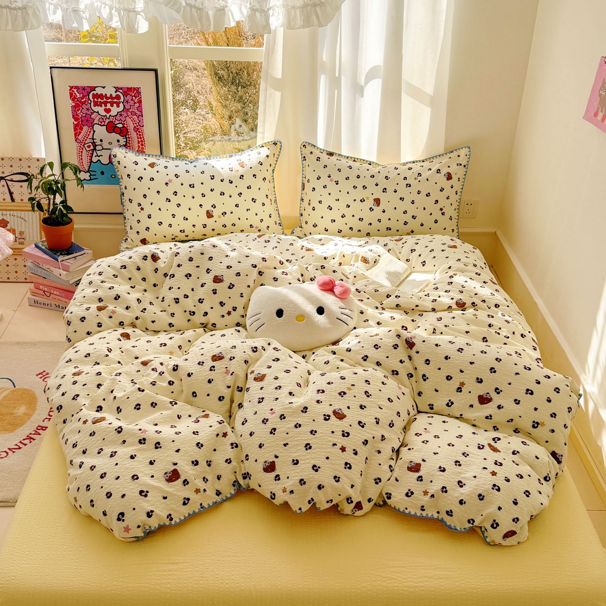 91家纺网 家纺一手货源 找家纺 玉海棠家纺 2026新款高品质A类泡芙纱甜栗贝壳边套件系列-小红书推荐（110g） 甜栗-豹纹咪星黄