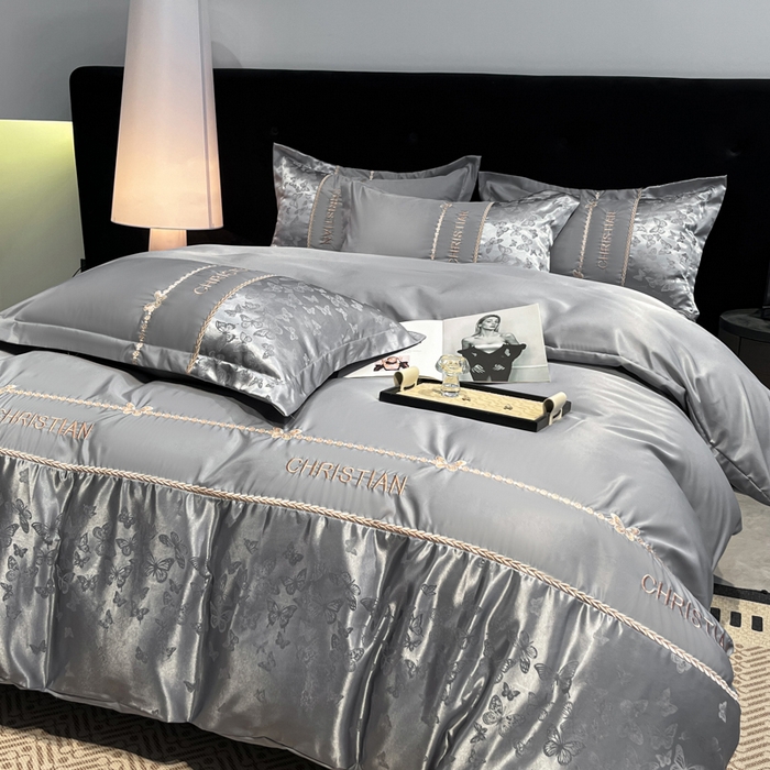 91家纺网 家纺一手货源 找家纺 金牛座家纺 2026新款亮丝细斜纹贡缎提花重工刺绣四件套床盖四件套-醉蝶 醉蝶-高级灰