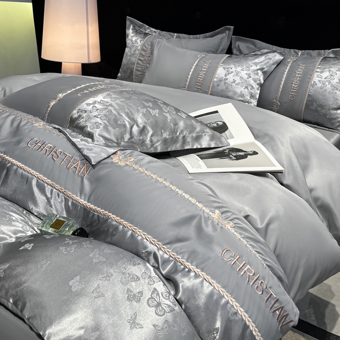 91家纺网 家纺一手货源 找家纺 金牛座家纺 2026新款亮丝细斜纹贡缎提花重工刺绣四件套床盖四件套-醉蝶 醉蝶-高级灰