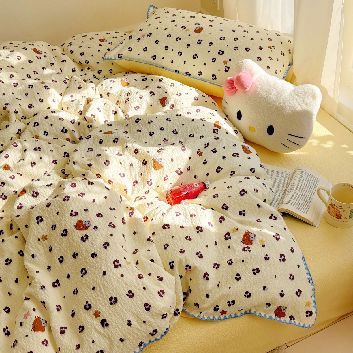 91家纺网 家纺一手货源 找家纺 玉海棠家纺 2026新款高品质A类泡芙纱甜栗贝壳边套件系列-小红书推荐（110g） 甜栗-豹纹咪星黄