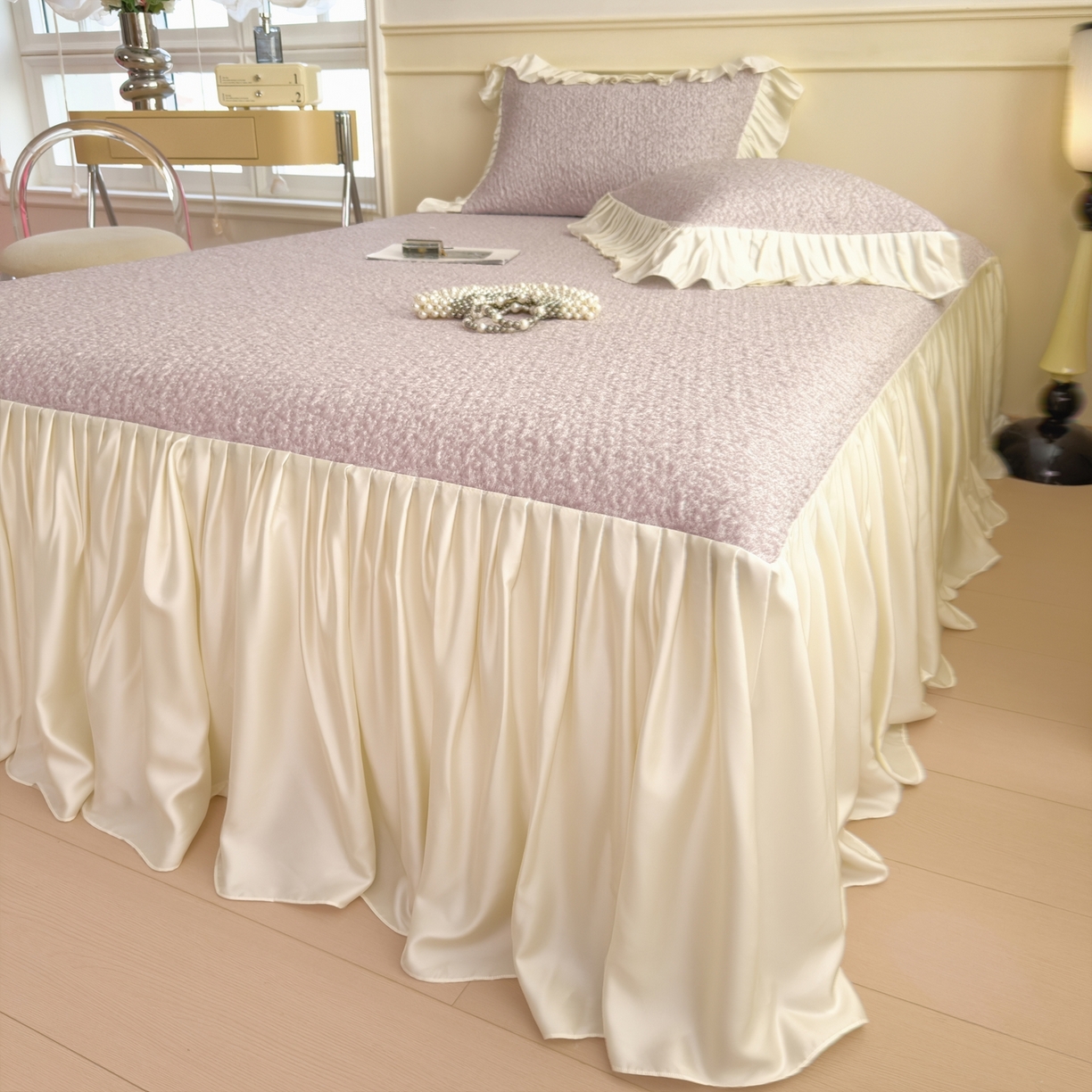 91家纺网 家纺一手货源 找家纺 孩子王家纺 2026新款夏季凉感公主风冰豆豆花边凉席床裙款凉感值过0.21三件套可机洗冰丝空 豆豆物语-流连紫