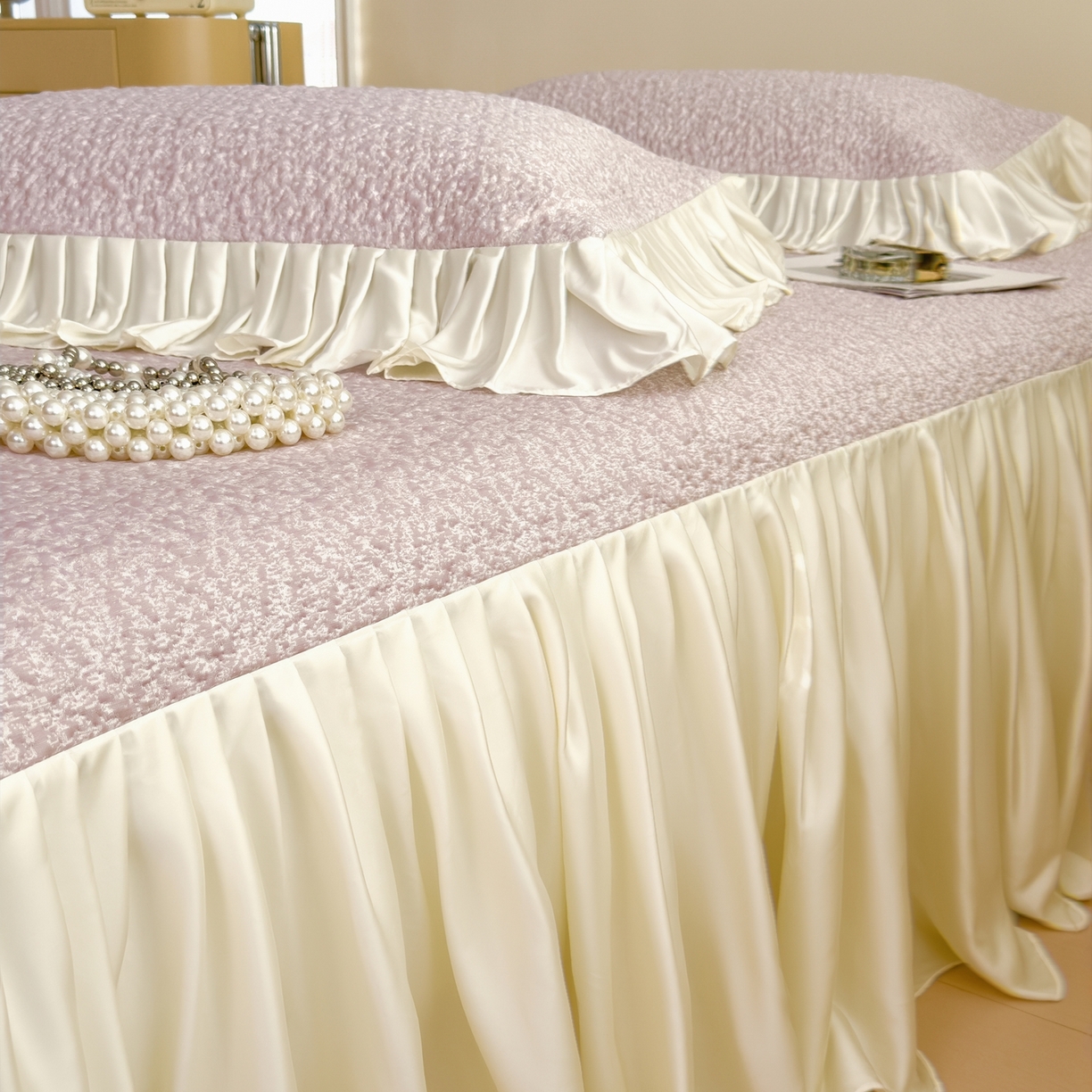 91家纺网 家纺一手货源 找家纺 孩子王家纺 2026新款夏季凉感公主风冰豆豆花边凉席床裙款凉感值过0.21三件套可机洗冰丝空 豆豆物语-流连紫