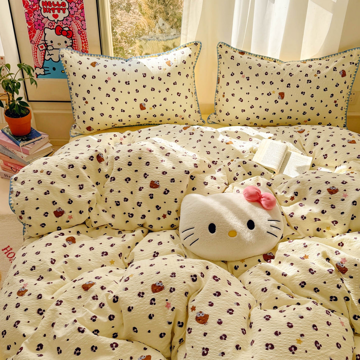 91家纺网 家纺一手货源 找家纺 玉海棠家纺 2026新款高品质A类泡芙纱甜栗贝壳边套件系列-小红书推荐（110g） 甜栗-豹纹咪星黄