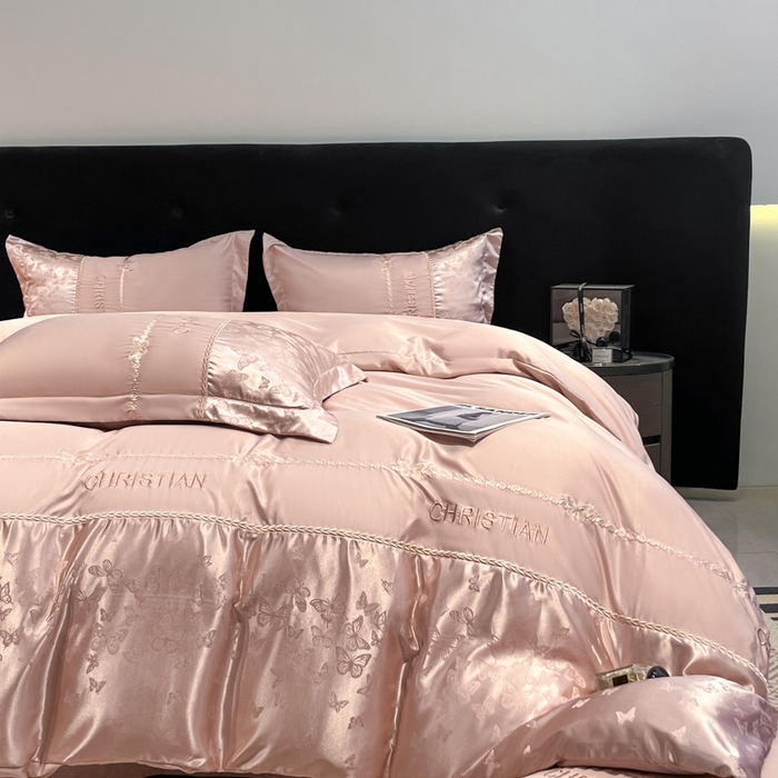 金牛座家纺 2026新款亮丝细斜纹贡缎提花重工刺绣四件套床盖四件套-醉蝶 醉蝶-浅豆沙