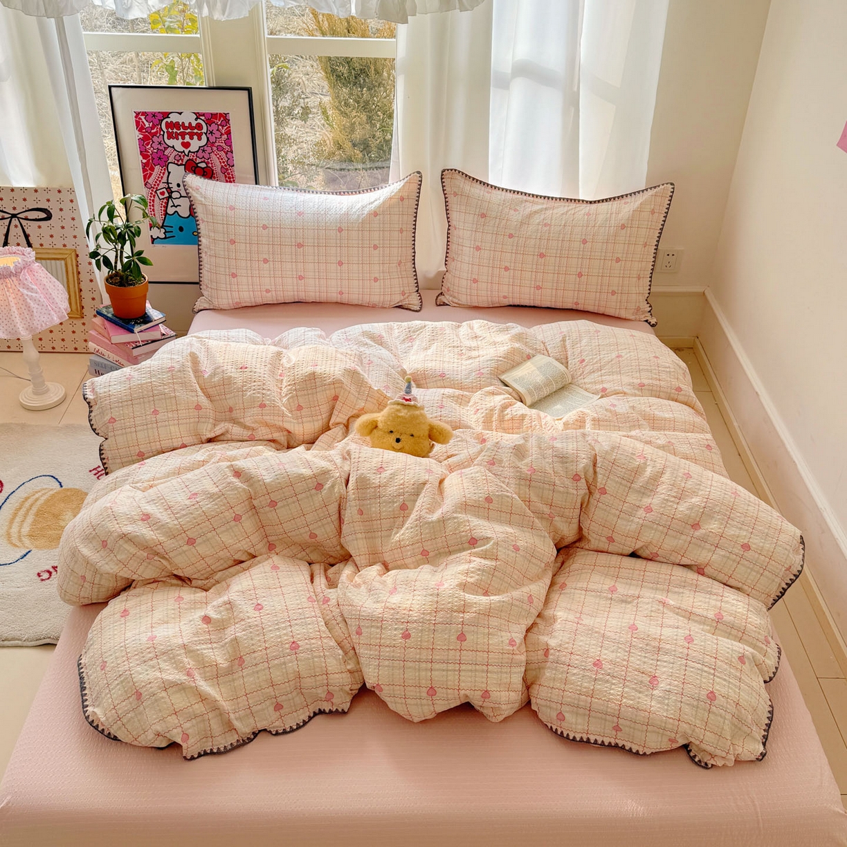 91家纺网 家纺一手货源 找家纺 玉海棠家纺 2026新款高品质A类泡芙纱甜栗贝壳边套件系列-小红书推荐（110g） 甜栗-格格心