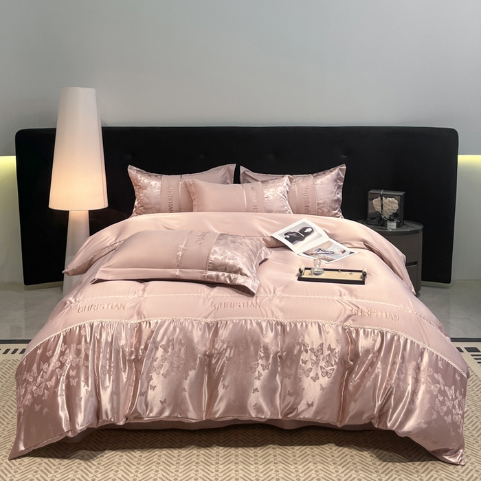 91家纺网 家纺一手货源 找家纺 金牛座家纺 2026新款亮丝细斜纹贡缎提花重工刺绣四件套床盖四件套-醉蝶 醉蝶-浅豆沙