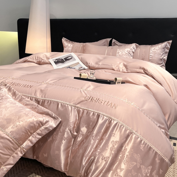 91家纺网 家纺一手货源 找家纺 金牛座家纺 2026新款亮丝细斜纹贡缎提花重工刺绣四件套床盖四件套-醉蝶 醉蝶-浅豆沙