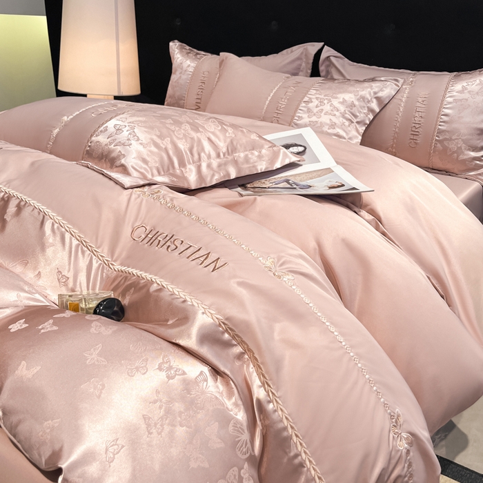 91家纺网 家纺一手货源 找家纺 金牛座家纺 2026新款亮丝细斜纹贡缎提花重工刺绣四件套床盖四件套-醉蝶 醉蝶-浅豆沙