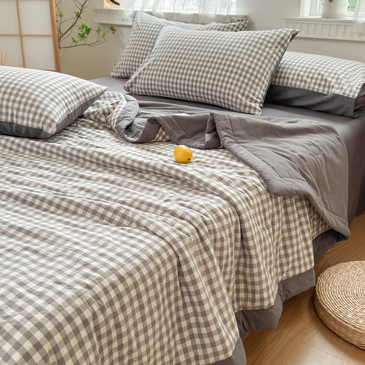 91家纺网 家纺一手货源 找家纺 雯雨家纺 2026新款A类全棉色织里外全棉夏被 灰小格