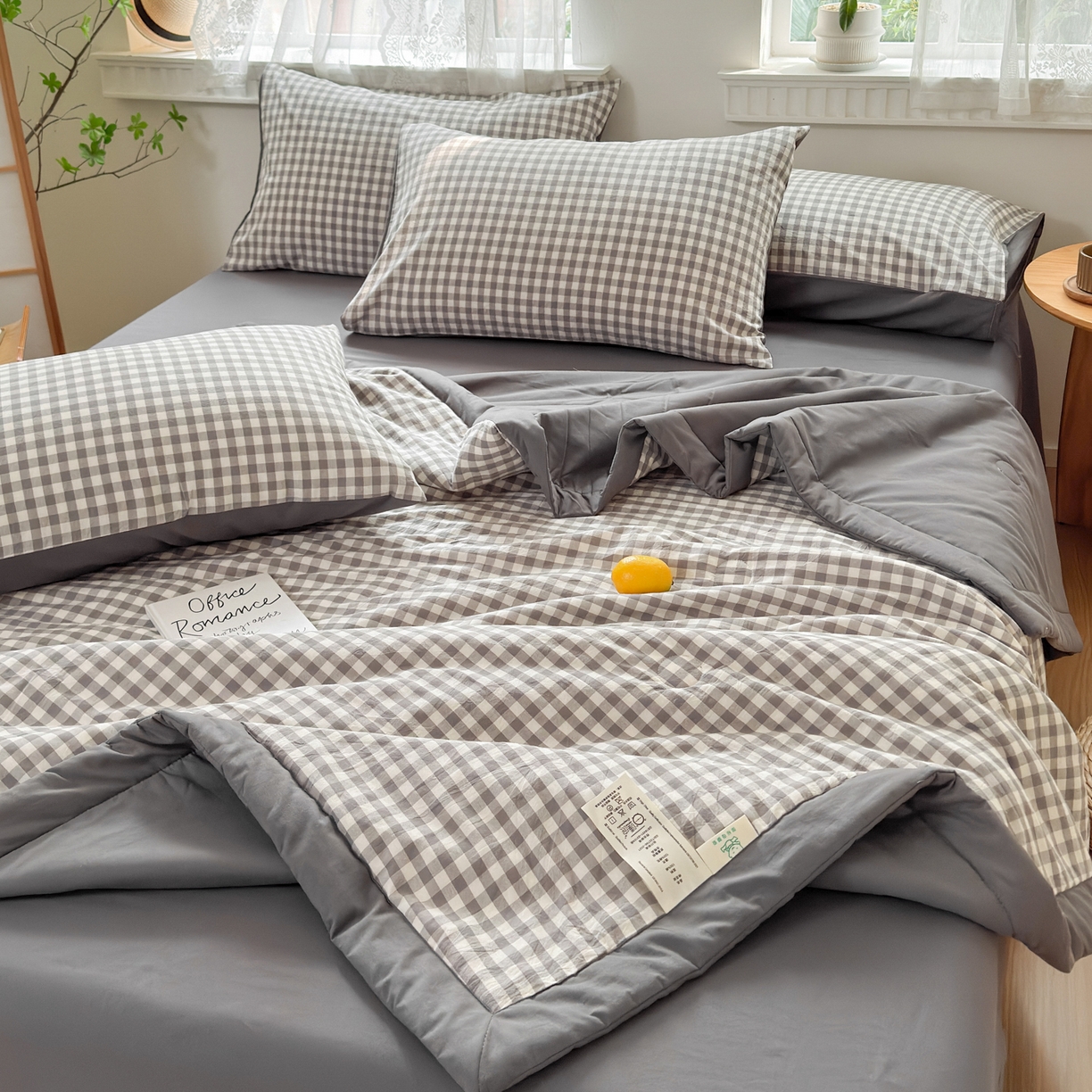 91家纺网 家纺一手货源 找家纺 雯雨家纺 2026新款A类全棉色织里外全棉夏被 灰小格