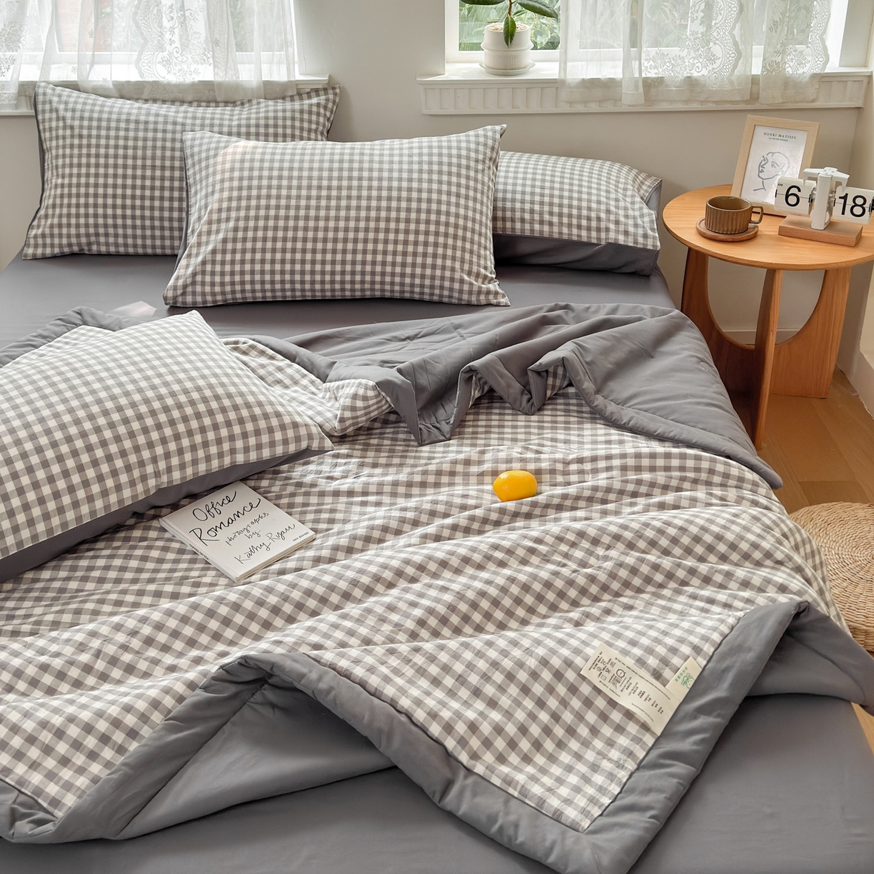 91家纺网 家纺一手货源 找家纺 雯雨家纺 2026新款A类全棉色织里外全棉夏被 灰小格