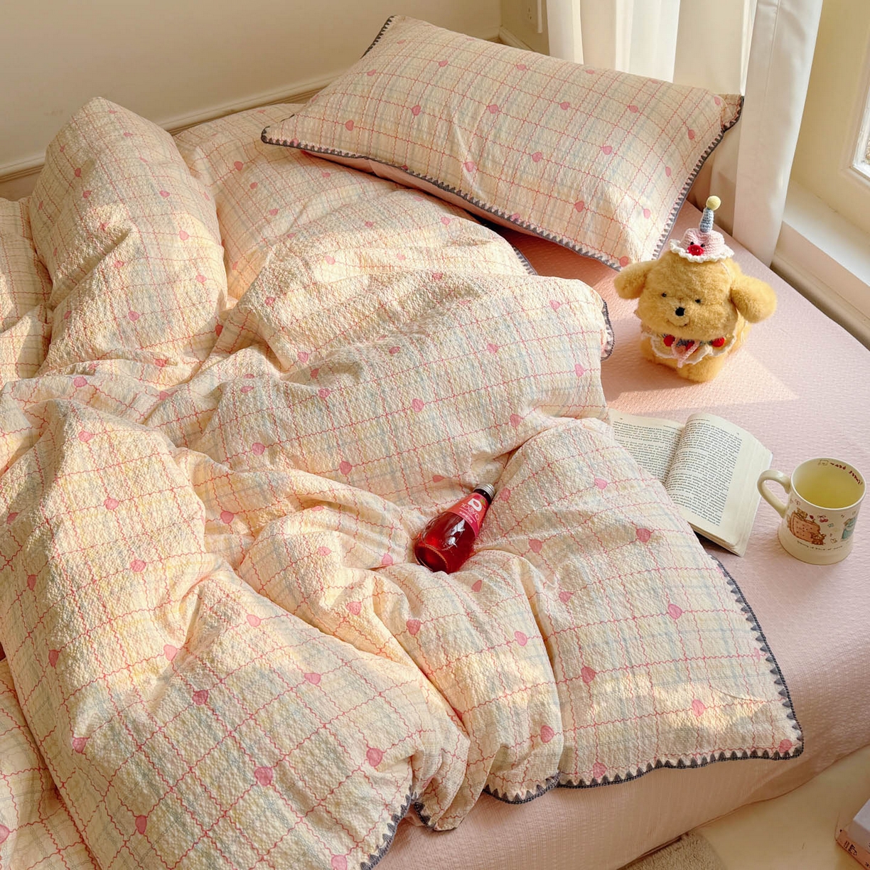 91家纺网 家纺一手货源 找家纺 玉海棠家纺 2026新款高品质A类泡芙纱甜栗贝壳边套件系列-小红书推荐（110g） 甜栗-格格心