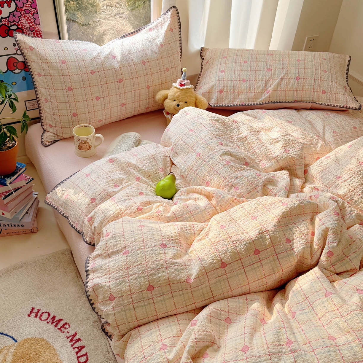 91家纺网 家纺一手货源 找家纺 玉海棠家纺 2026新款高品质A类泡芙纱甜栗贝壳边套件系列-小红书推荐（110g） 甜栗-格格心