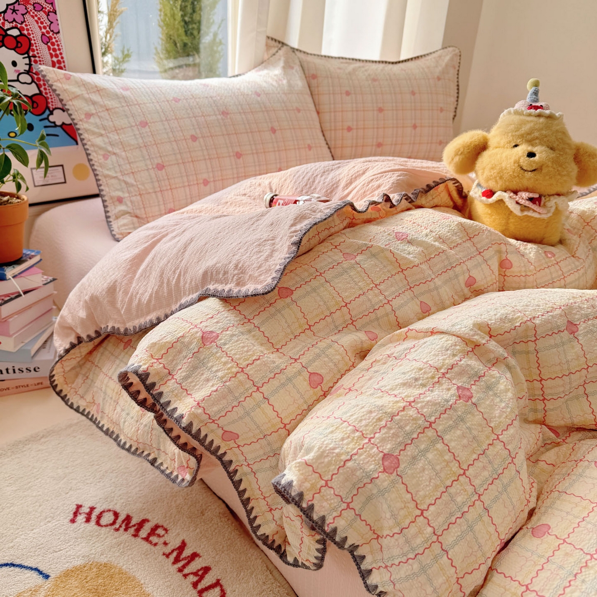 91家纺网 家纺一手货源 找家纺 玉海棠家纺 2026新款高品质A类泡芙纱甜栗贝壳边套件系列-小红书推荐（110g） 甜栗-格格心