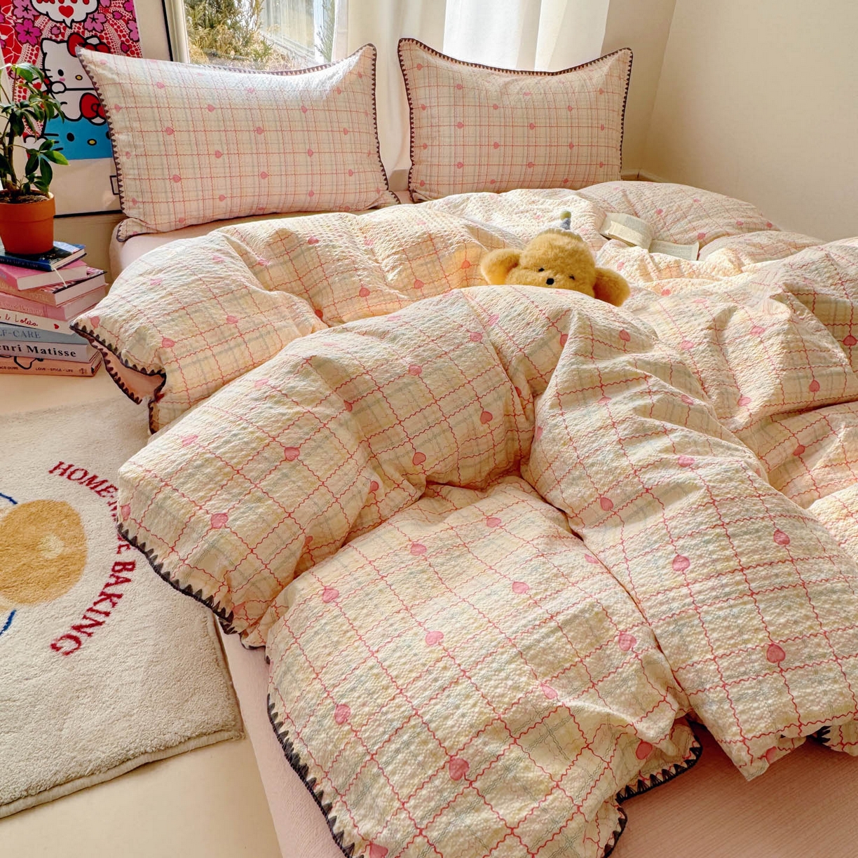 91家纺网 家纺一手货源 找家纺 玉海棠家纺 2026新款高品质A类泡芙纱甜栗贝壳边套件系列-小红书推荐（110g） 甜栗-格格心