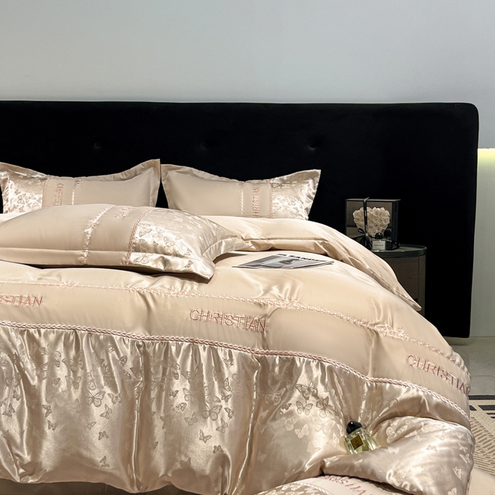 金牛座家纺 2026新款亮丝细斜纹贡缎提花重工刺绣四件套床盖四件套-醉蝶 醉蝶-香槟