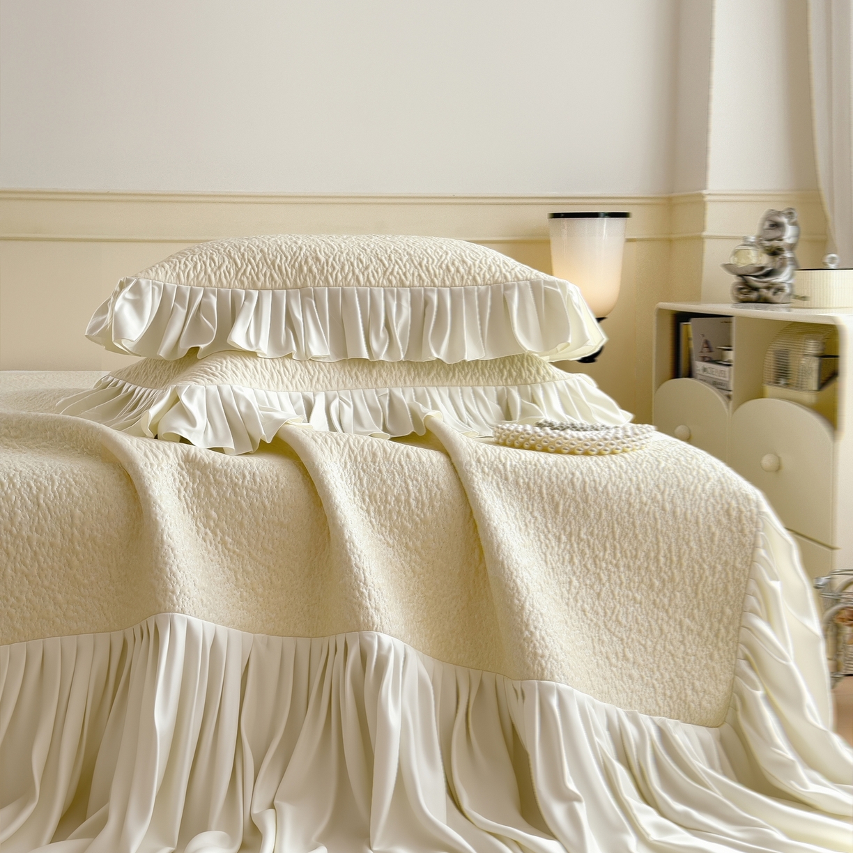 91家纺网 家纺一手货源 找家纺 孩子王家纺 2026新款夏季凉感公主风冰豆豆花边凉席床裙款凉感值过0.21三件套可机洗冰丝空 豆豆物语-奶白