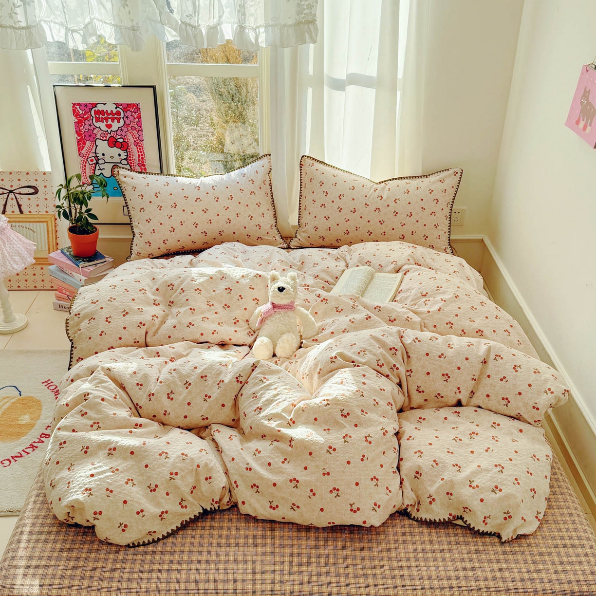 91家纺网 家纺一手货源 找家纺 玉海棠家纺 2026新款高品质A类泡芙纱甜栗贝壳边套件系列-小红书推荐（110g） 甜栗-酒渍樱桃