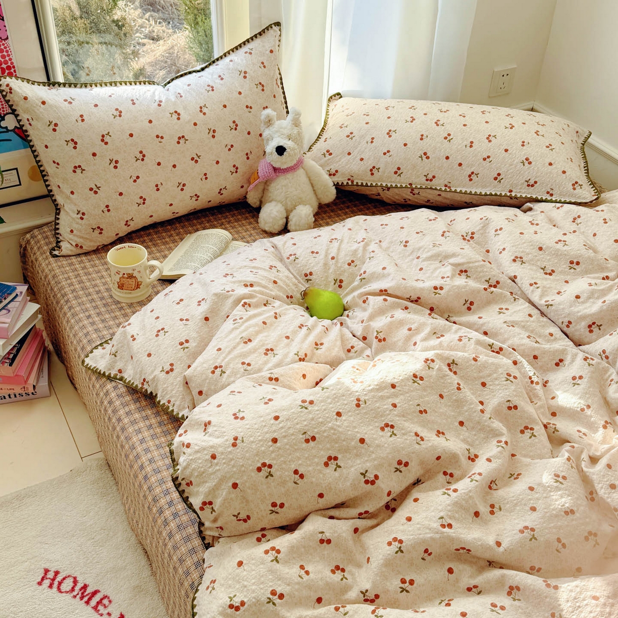 91家纺网 家纺一手货源 找家纺 玉海棠家纺 2026新款高品质A类泡芙纱甜栗贝壳边套件系列-小红书推荐（110g） 甜栗-酒渍樱桃