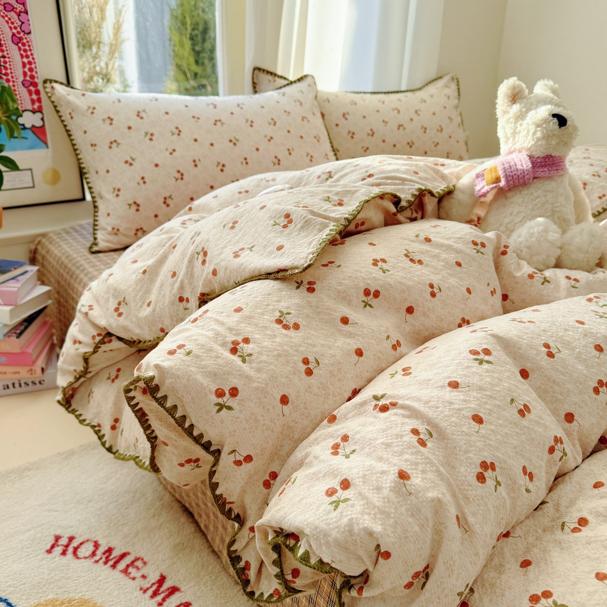 91家纺网 家纺一手货源 找家纺 玉海棠家纺 2026新款高品质A类泡芙纱甜栗贝壳边套件系列-小红书推荐（110g） 甜栗-酒渍樱桃