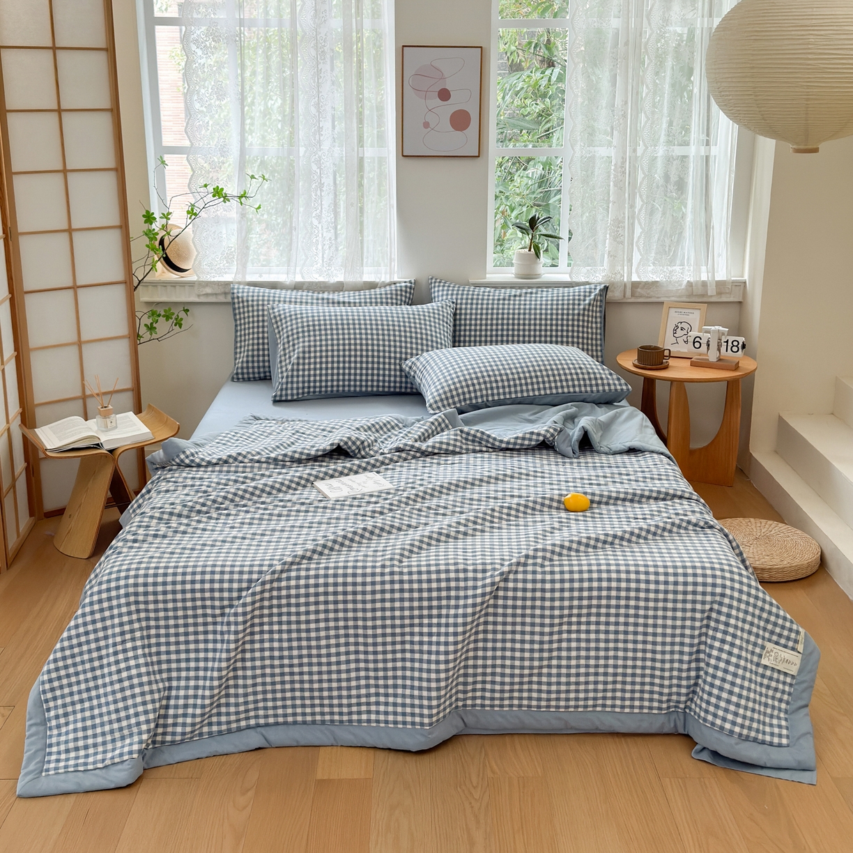 91家纺网 家纺一手货源 找家纺 雯雨家纺 2026新款A类全棉色织里外全棉夏被 蓝小格