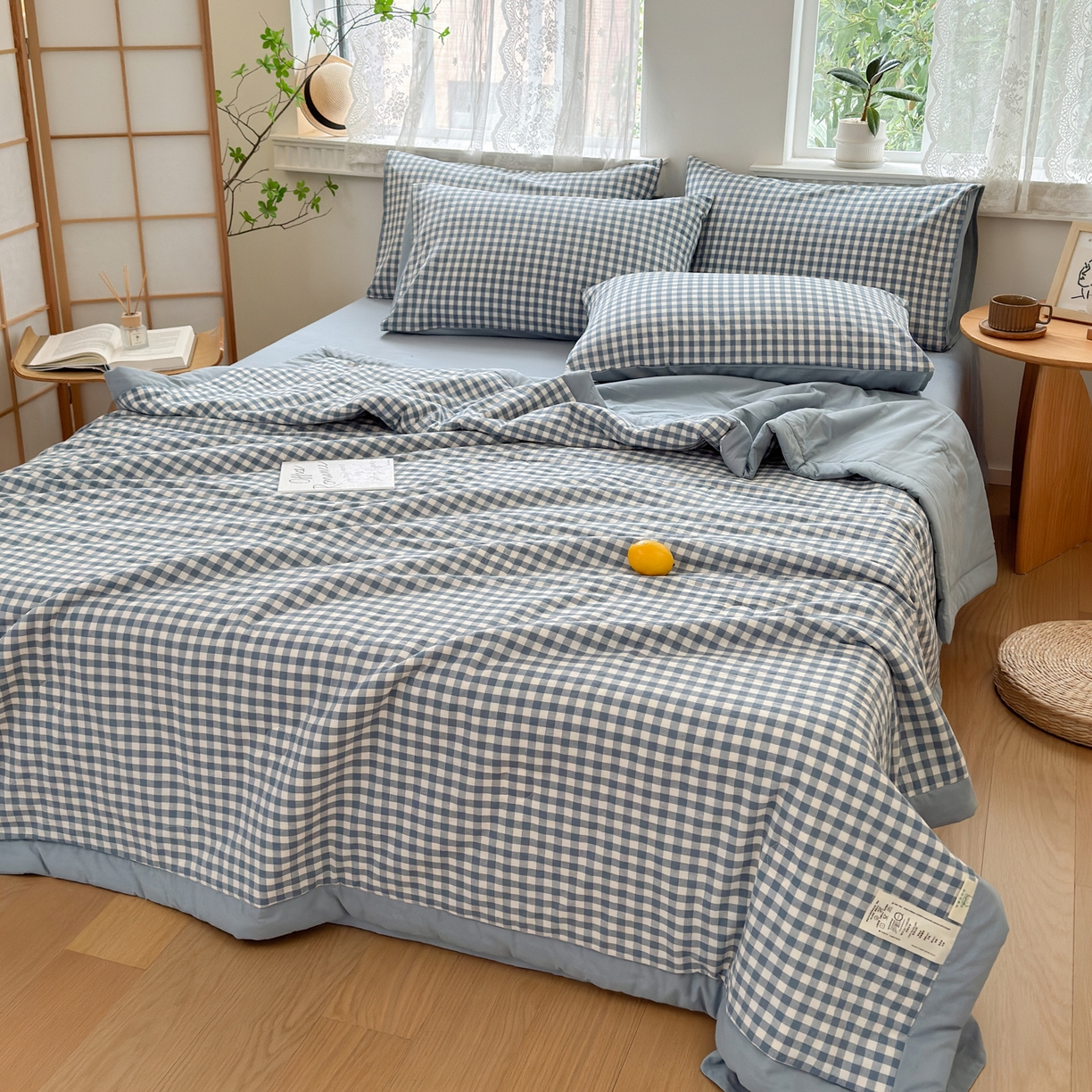 91家纺网 家纺一手货源 找家纺 雯雨家纺 2026新款A类全棉色织里外全棉夏被 蓝小格