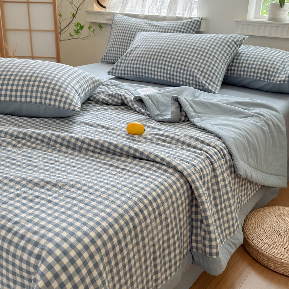 91家纺网 家纺一手货源 找家纺 雯雨家纺 2026新款A类全棉色织里外全棉夏被 蓝小格