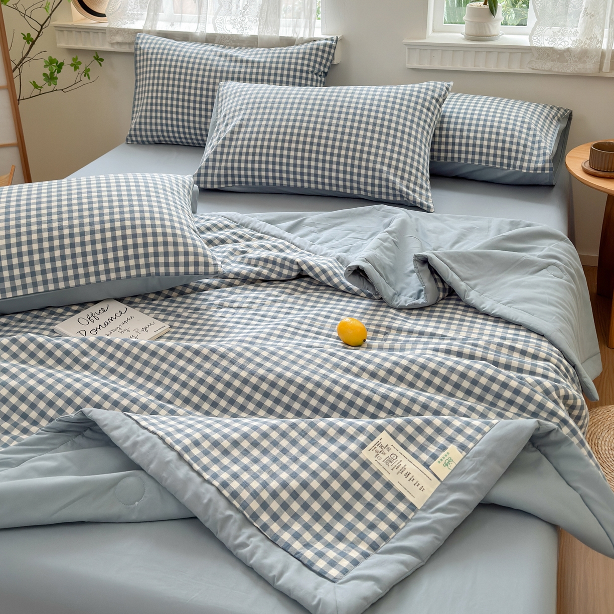 91家纺网 家纺一手货源 找家纺 雯雨家纺 2026新款A类全棉色织里外全棉夏被 蓝小格