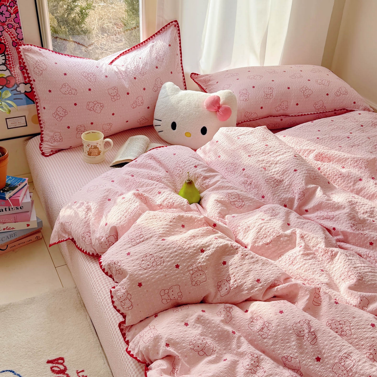 91家纺网 家纺一手货源 找家纺 玉海棠家纺 2026新款高品质A类泡芙纱甜栗贝壳边套件系列-小红书推荐（110g） 甜栗-描线小猫粉