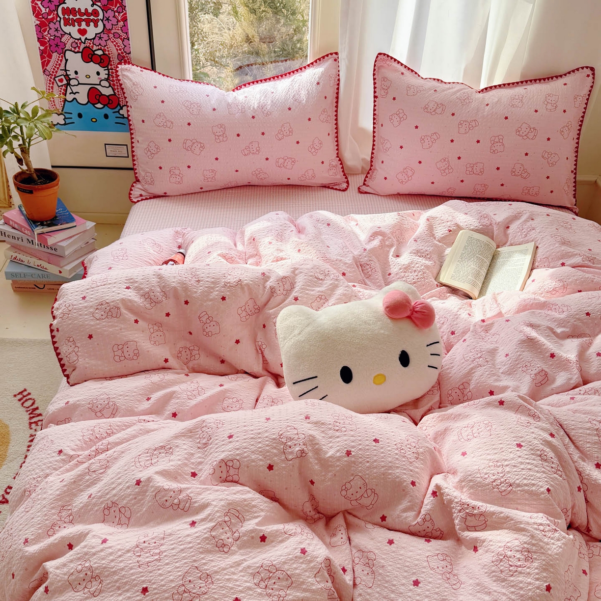 91家纺网 家纺一手货源 找家纺 玉海棠家纺 2026新款高品质A类泡芙纱甜栗贝壳边套件系列-小红书推荐（110g） 甜栗-描线小猫粉