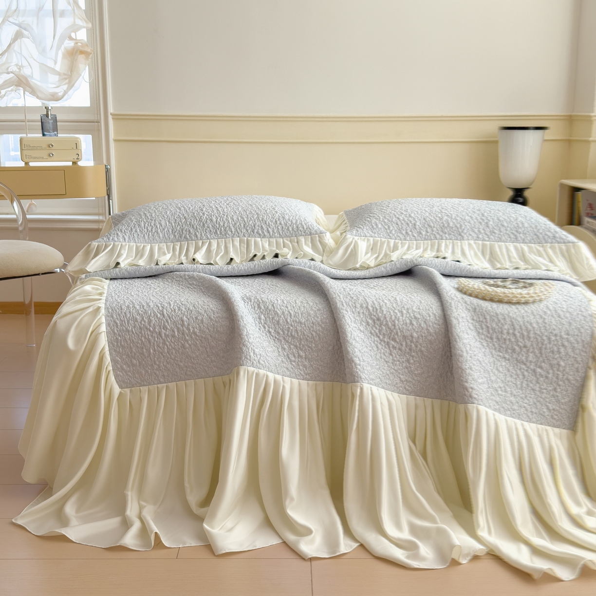 孩子王家纺 2026新款夏季凉感公主风冰豆豆花边凉席床裙款凉感值过0.21三件套可机洗冰丝空 豆豆物语-微微蓝