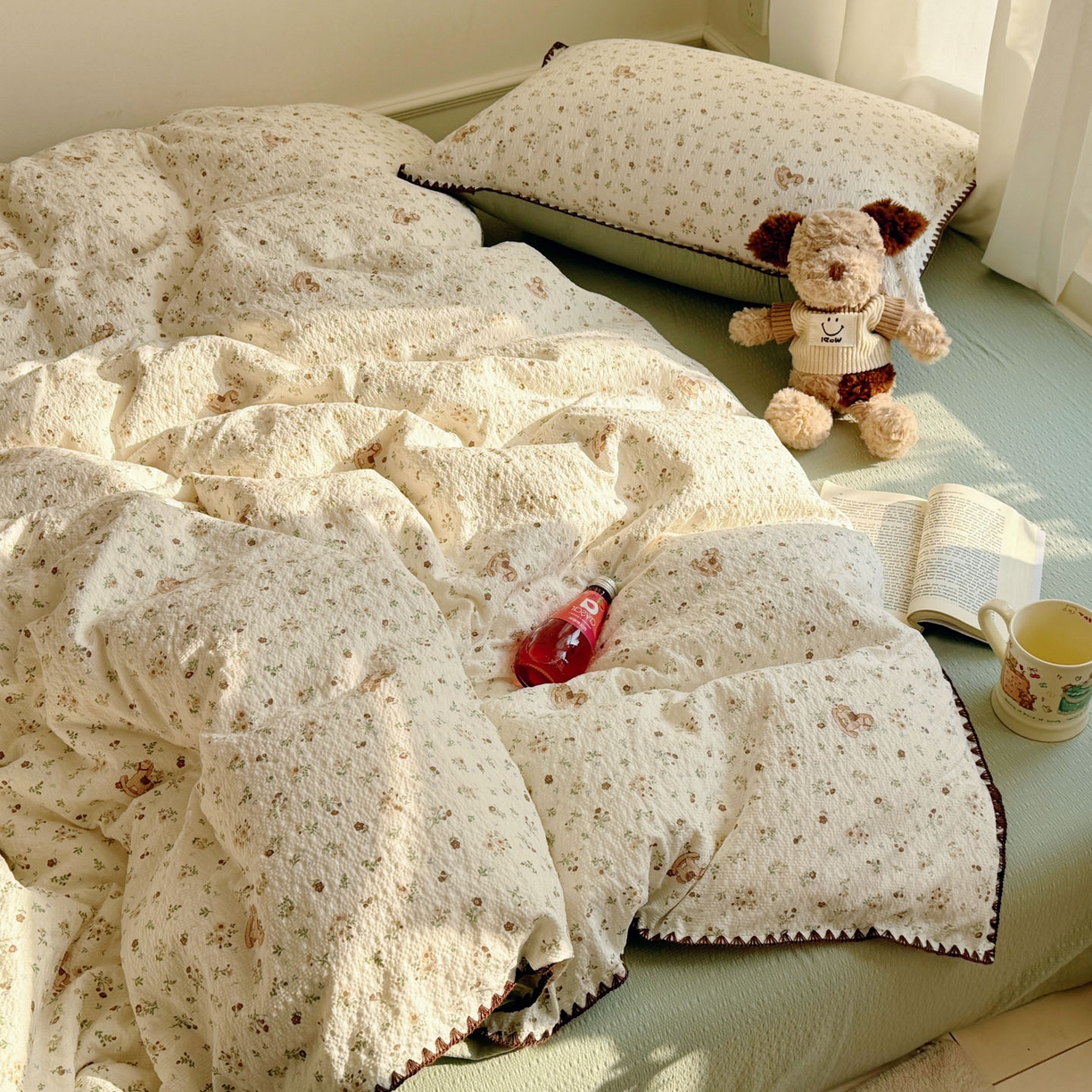 91家纺网 家纺一手货源 找家纺 玉海棠家纺 2026新款高品质A类泡芙纱甜栗贝壳边套件系列-小红书推荐（110g） 甜栗-木马小花团