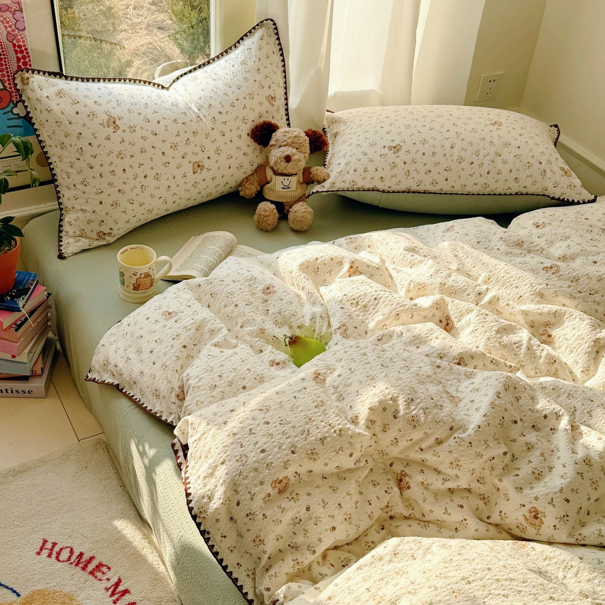 91家纺网 家纺一手货源 找家纺 玉海棠家纺 2026新款高品质A类泡芙纱甜栗贝壳边套件系列-小红书推荐（110g） 甜栗-木马小花团